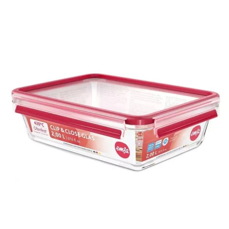Boites Et Saladiers | Boites Hermétiques-EMSA Boîte alimentaire en verre avec couvercle hermétique CLIP&CLOSE GLAS Rectangle 2 L Nouveau modèle