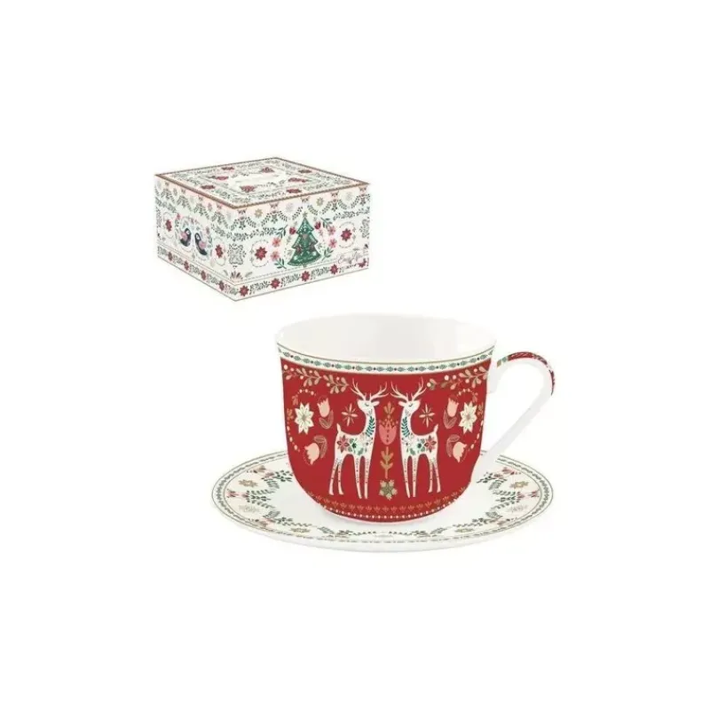 Tasses-Easy Life CHRISTMAS FOLK coffret déjeuner 40 cl avec soucoupe en porcelaine