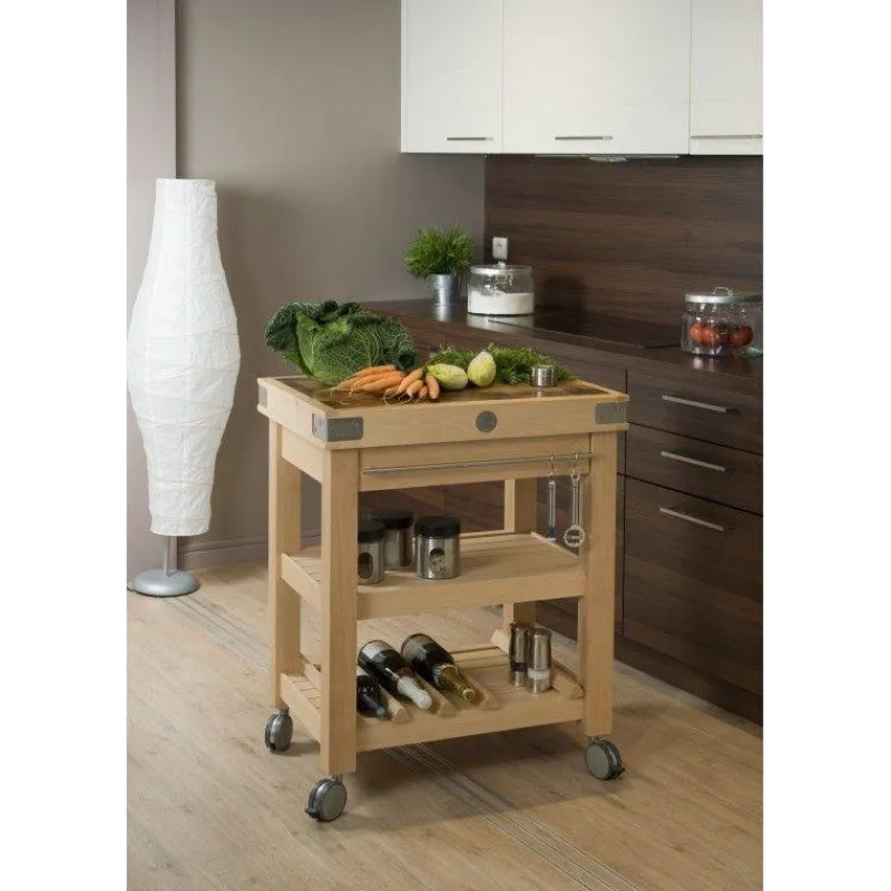 Dessertes Roulantes | Billots-Billots Chabret Desserte de cuisine mobile à roulettes Double étagère et tiroir avec billot CHABRET en bois debout L70