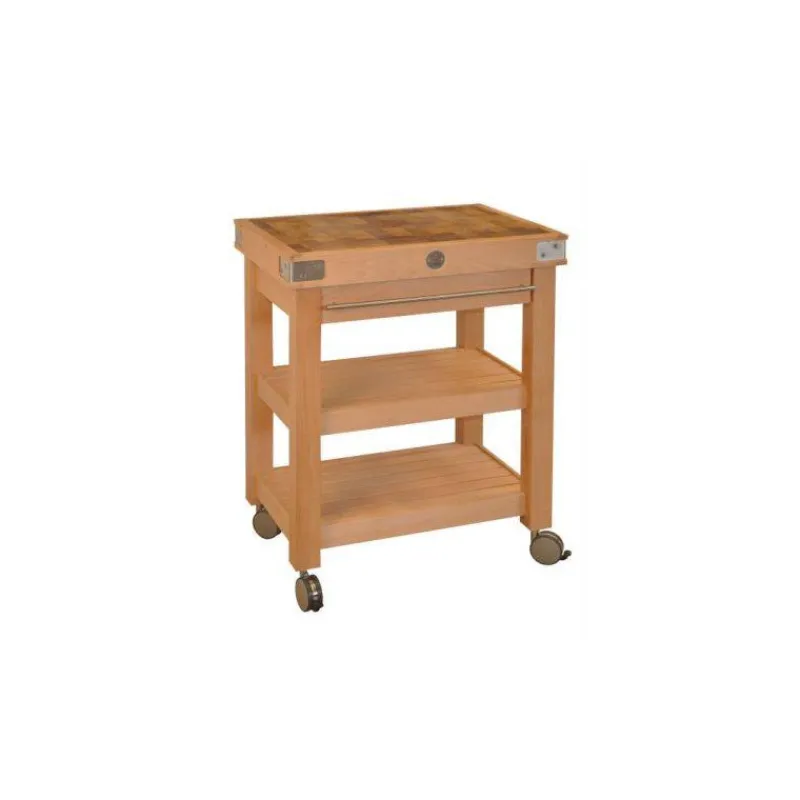Dessertes Roulantes | Billots-Billots Chabret Desserte de cuisine mobile à roulettes Double étagère et tiroir avec billot CHABRET en bois debout L70