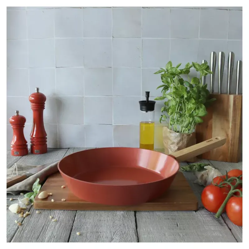 Poêles Avec Revêtement Céramique | Poêles Avec Revêtement Aspect Pierre-OGO ECTOR Poêle revêtue céramique Paprika induction manche bois D20