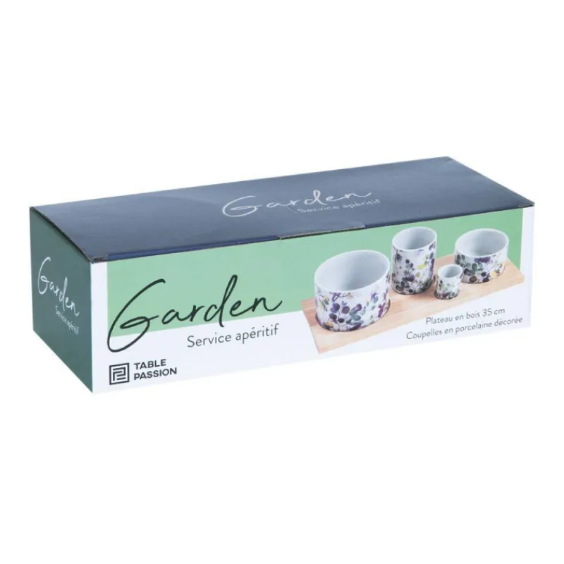 Coupelles Apéritives-TABLE PASSION GARDEN Set apéritif 4 coupelles en porcelaine sur plateau en bois