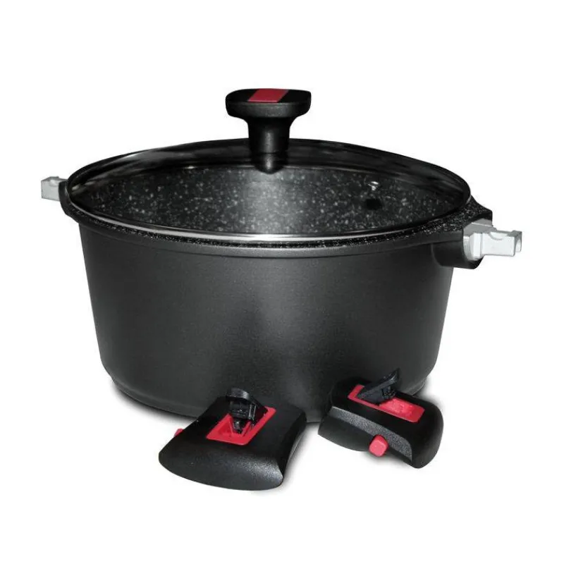 Faitouts Et Marmites Poignées Amovibles | Faitouts Avec Revêtement-BAUMALU Granit PRO Faitout Fonte Aluminium Aspect Pierre Manche amovible Induction D24