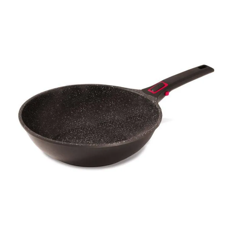 Woks Revêtements Anti-adhérents | Woks En Fonte Aluminium-BAUMALU Granit PRO Poêle Wok Fonte Aluminium Aspect Pierre Manche amovible Induction D28