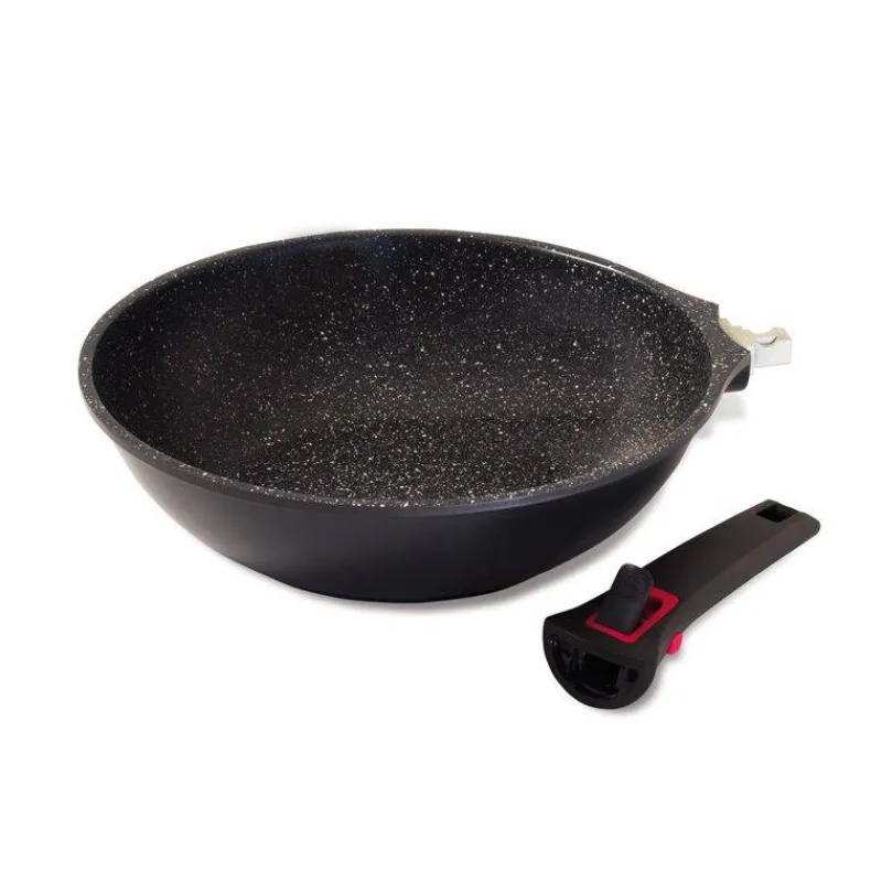 Woks Revêtements Anti-adhérents | Woks En Fonte Aluminium-BAUMALU Granit PRO Poêle Wok Fonte Aluminium Aspect Pierre Manche amovible Induction D28