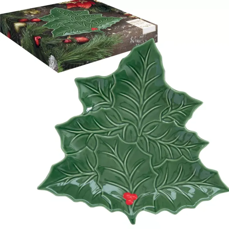 Plats À Gâteaux-Easy Life HOLLY ET BERRIES Plat forme Houx en Porcelaine verte et rouge 22x22 cm