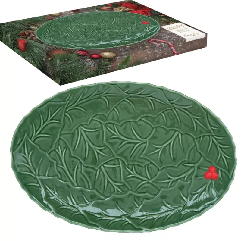Plats À Gâteaux-Easy Life HOLLY ET BERRIES Plat ovale en Porcelaine verte et rouge 36x24.5 cm