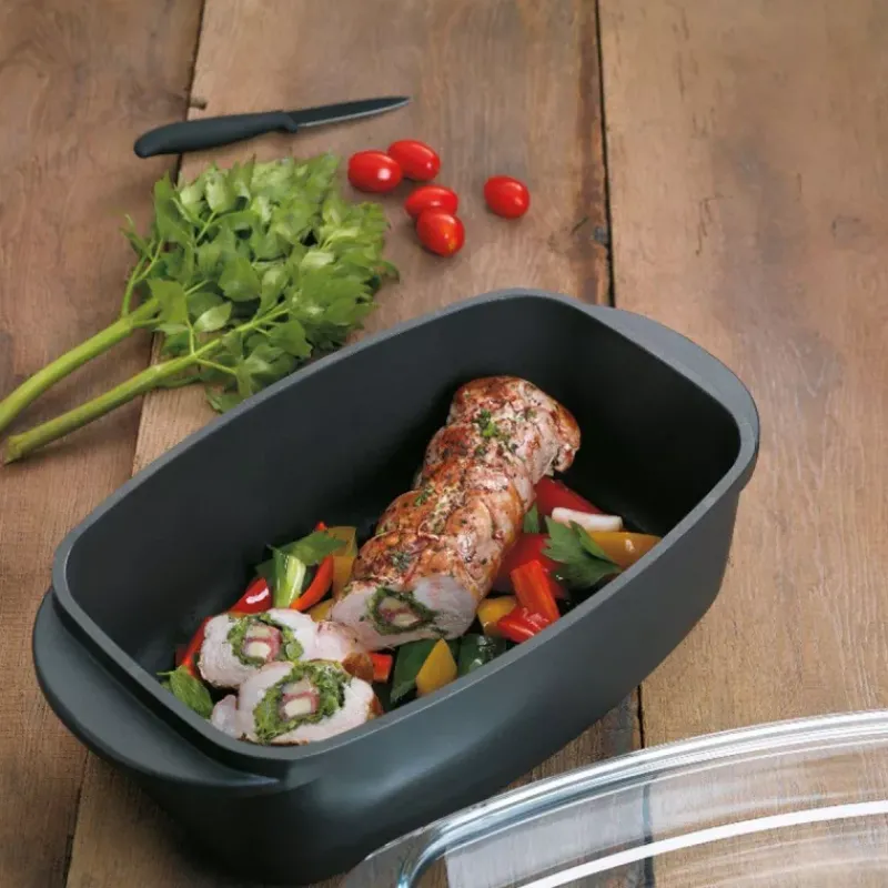 Cocottes En Fonte Aluminium-Kela KERROS Cocotte à braiser rectangulaire et couvercle en verre Induction Noir 6.5 L