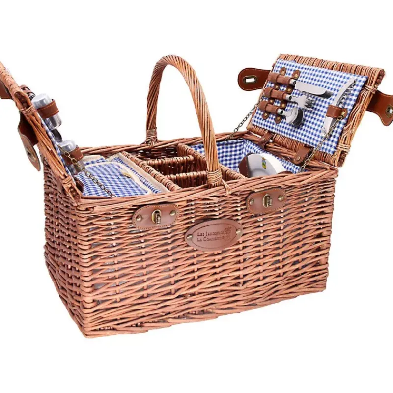 Paniers Pique-nique-Les Jardins de la Comtesse Malle Panier Pique Nique osier Saint Germain Vichy Bleu 4 personnes