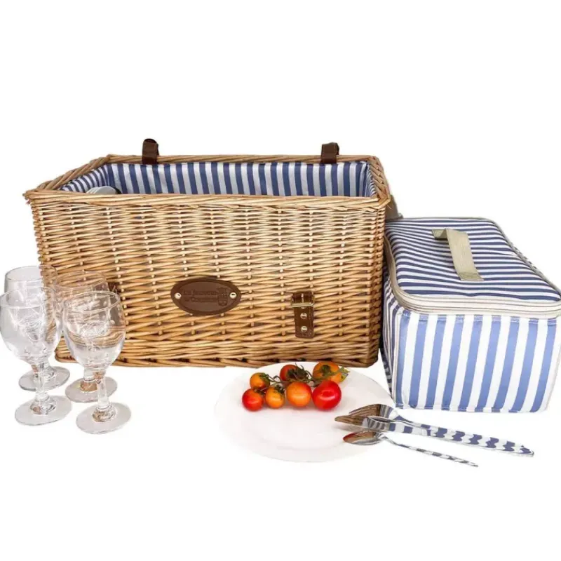 Paniers Pique-nique-Les Jardins de la Comtesse Malle Panier Pique Nique osier Saint Malo Vichy bleu 4 Personnes