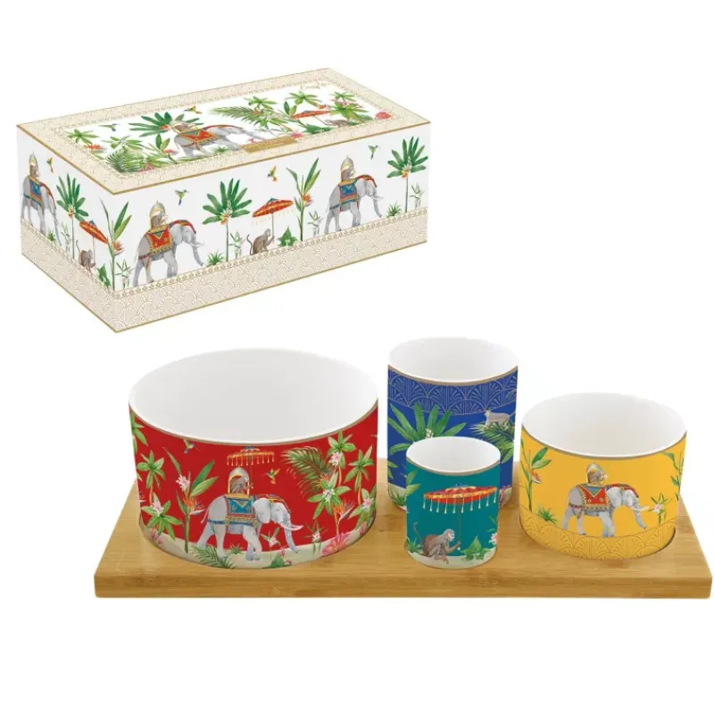 Coupelles Apéritives-Easy Life MARAJAH Set apéritif 4 coupelles en Porcelaine sur Plateau en Bambou EASYLIFE