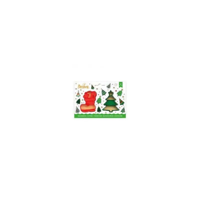 Thème Noël-Decora Set de 2 découpoirs 3D Emporte pièces et poussoirs en plastique Sapin et Botte 8 / 6 cm