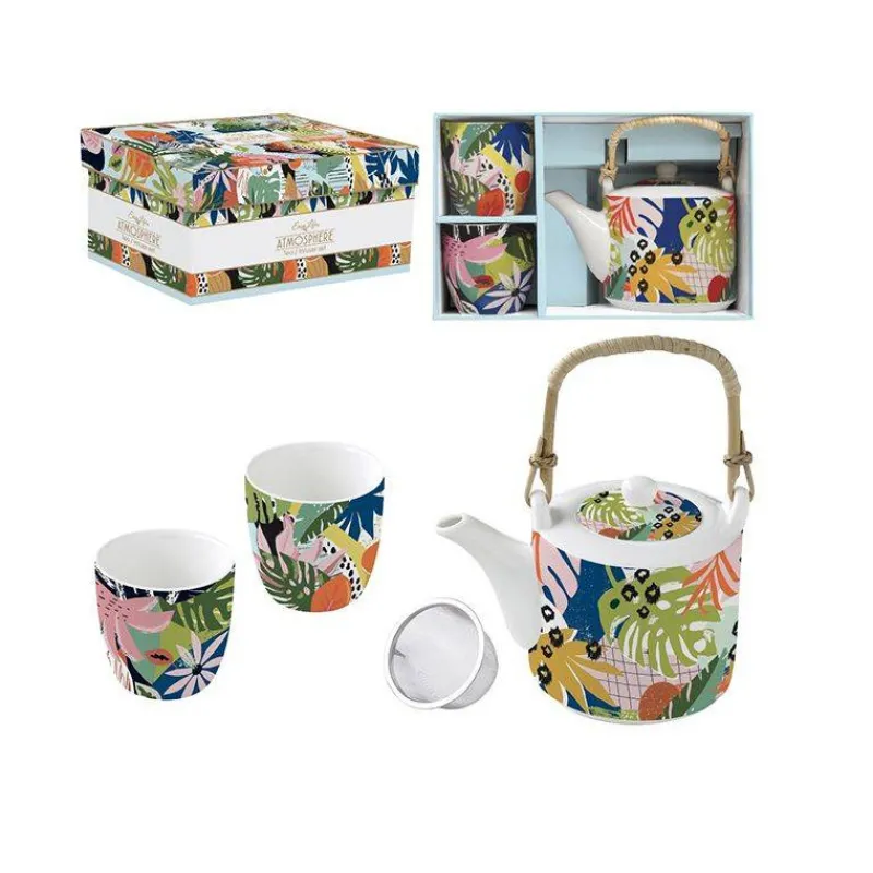 Théières, Cafetières Et Accessoires | Théière Porcelaine-Easy Life TROPICAL VIBES Ensemble Théière avec 2 Tasses porcelaine