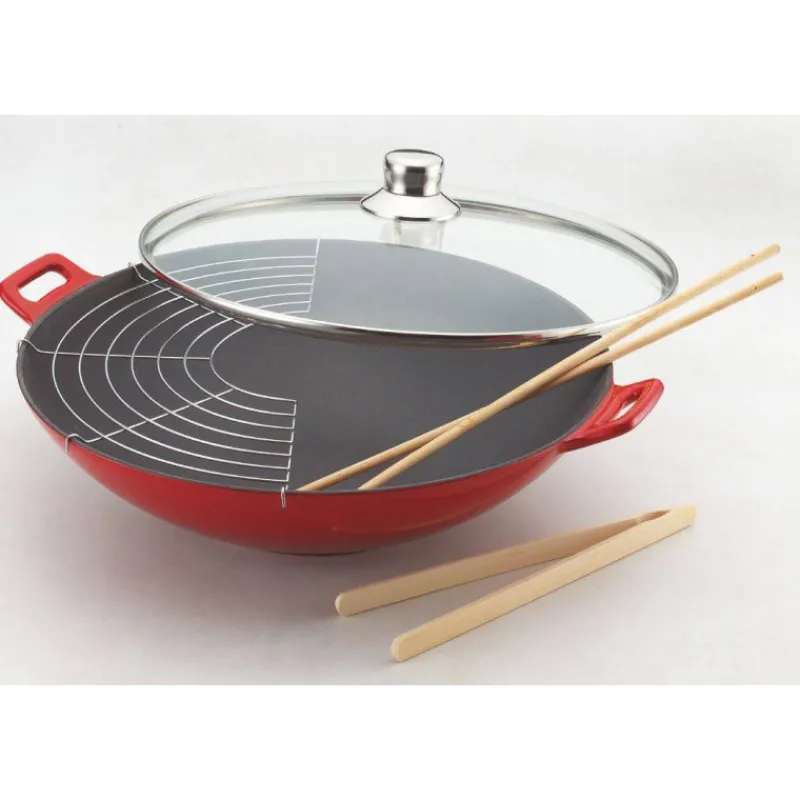 Woks En Fonte Traditionnelle-BAUMALU WOK en fonte émaillée rouge D36