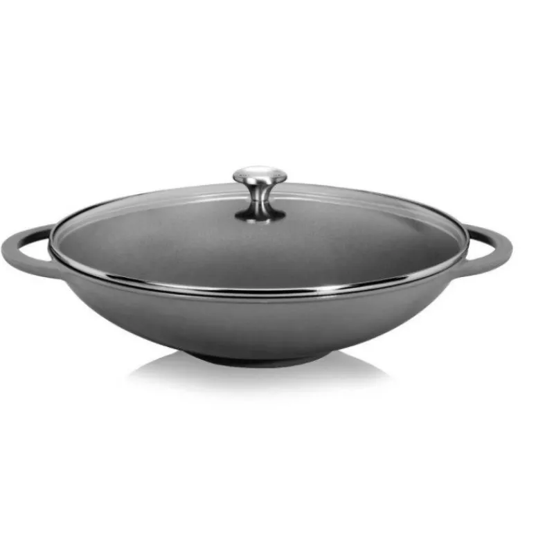 Woks En Fonte Traditionnelle-INVICTA Wok Fonte émaillée Couvercle verre CHASSEUR D37 Caviar