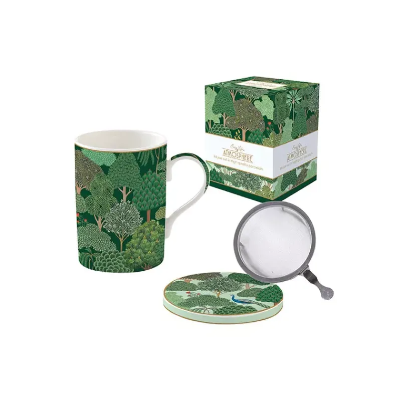 Mugs-Easy Life WOODLAND coffret tisanière 35cl en porcelaine avec filtre inox